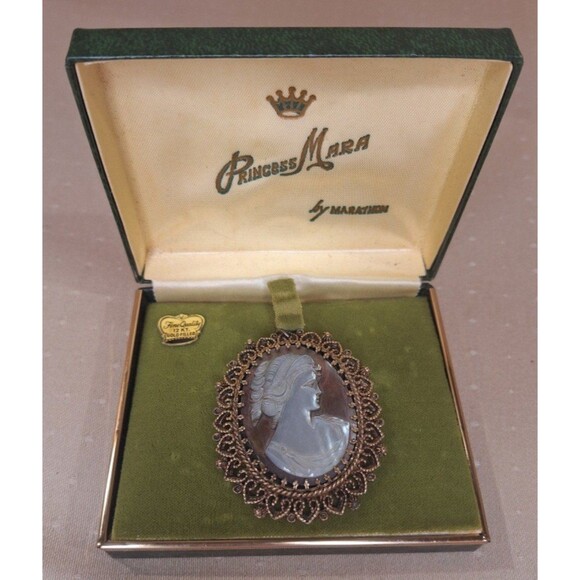 Vintage Cameo 12K Gold Filled Shell Brooch Pendant Princess Mara by Marathon - Picture 8 of 9